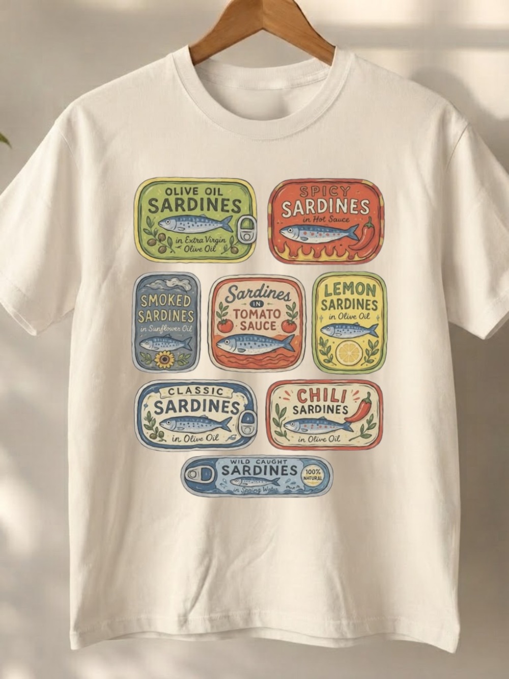 Gildan Off-White Tee with Colorful Sardine Can Graphic | Fish Shirt
